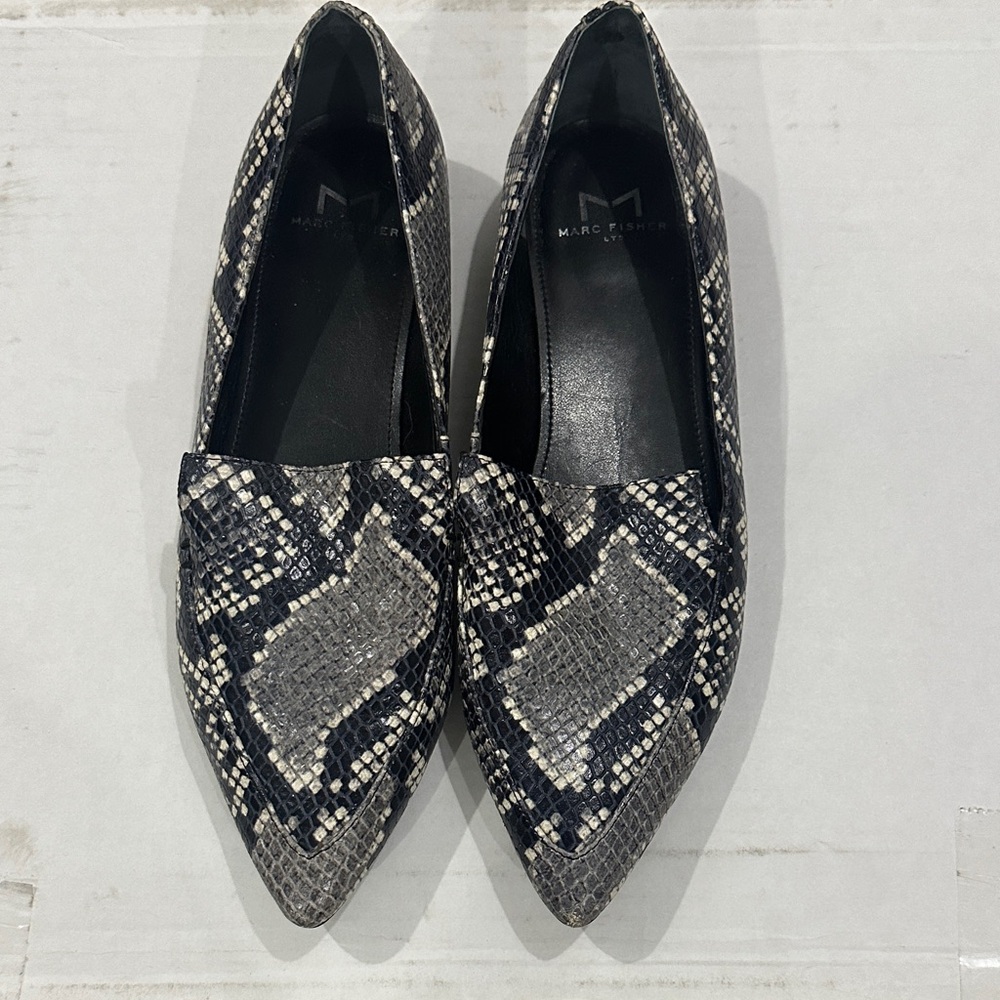 Marc Fisher Black and Gray Snakeskin Loafers